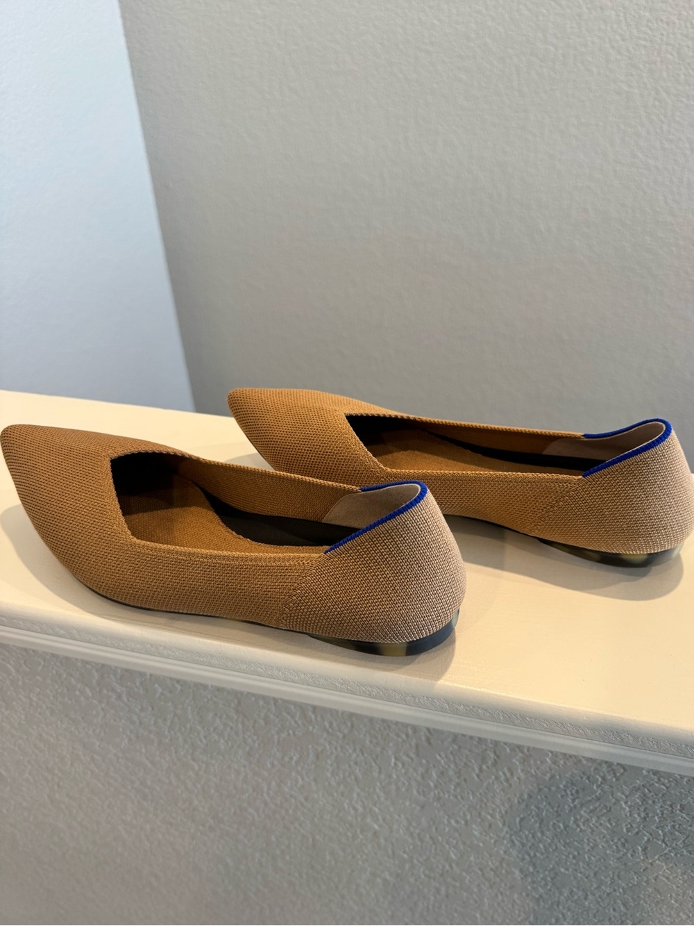 Rothy's Camel Brown Pointed Toe Flats with Blue Trim - Picture 3 of 7